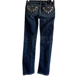 Miss Me Skinny Jeans Stitched Embroidered Rhinestone Dark Wash Blue 14 28x30